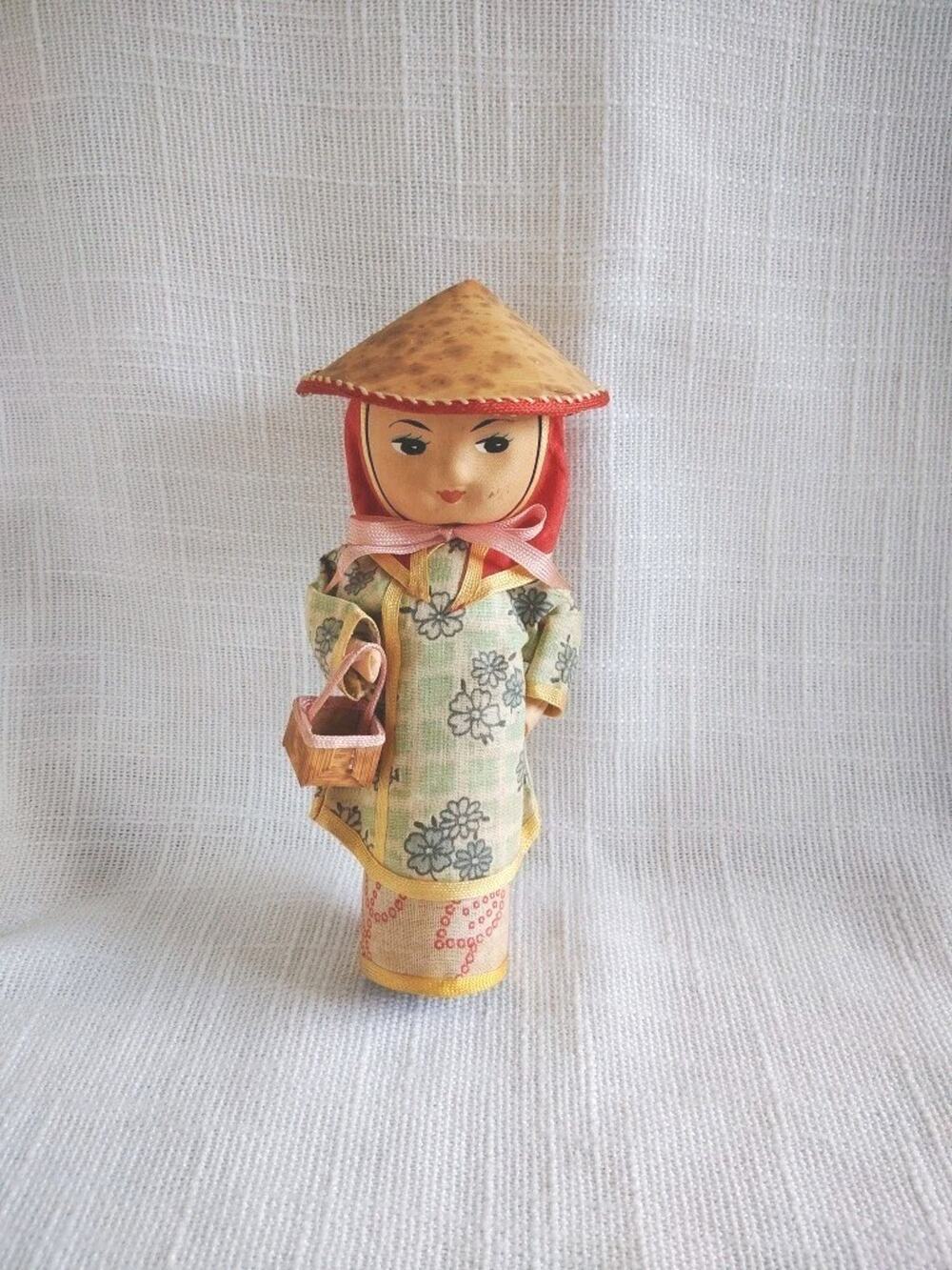Vintage 6” Chinese Folk Doll Girl Cherub Face Hard Plastic Souvenir